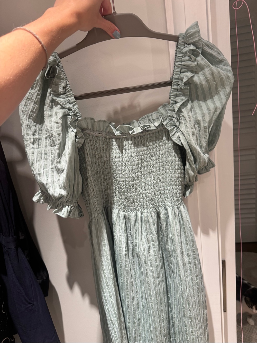 Smocked Sage Green Midi Dress with Puff Sleeves - Picture 4 of 7